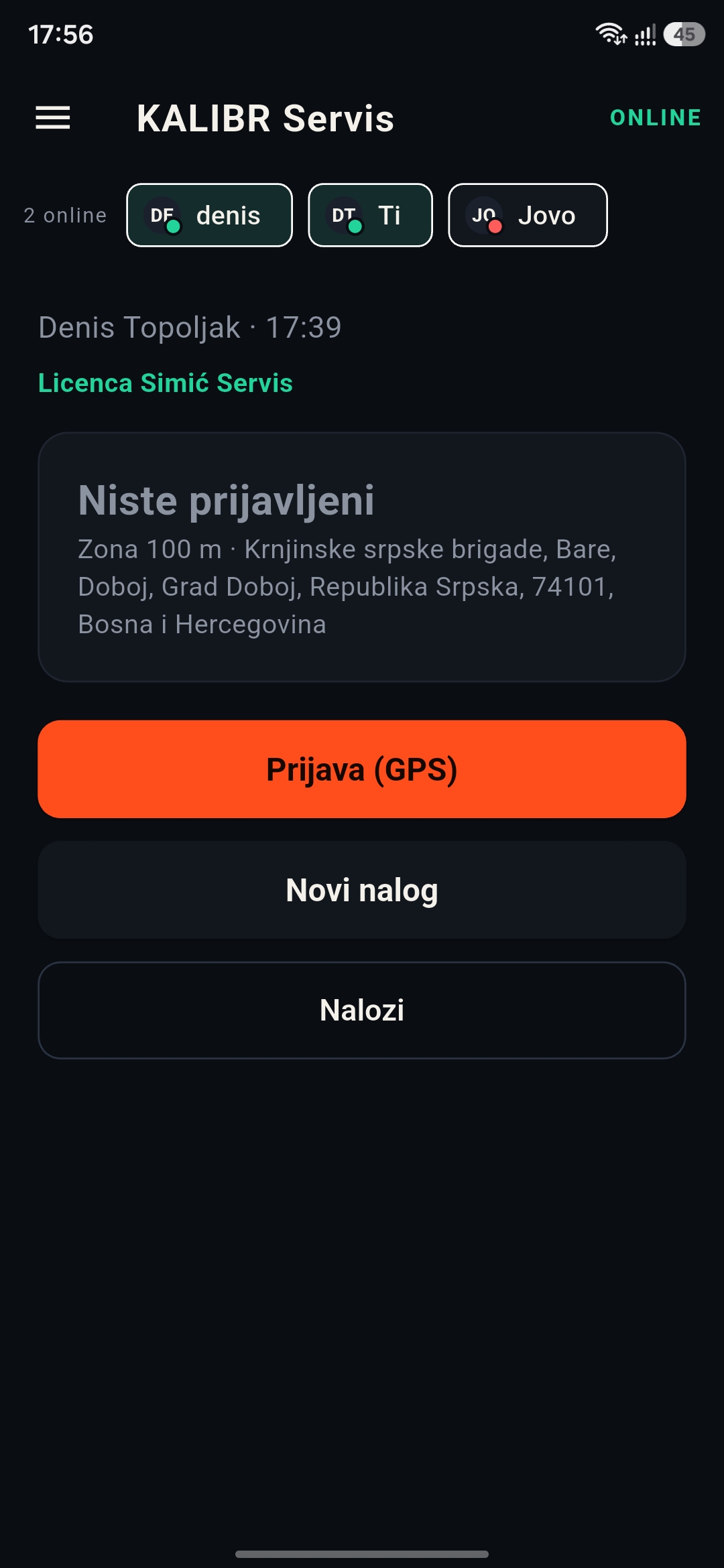 KALIBR Android — početni ekran